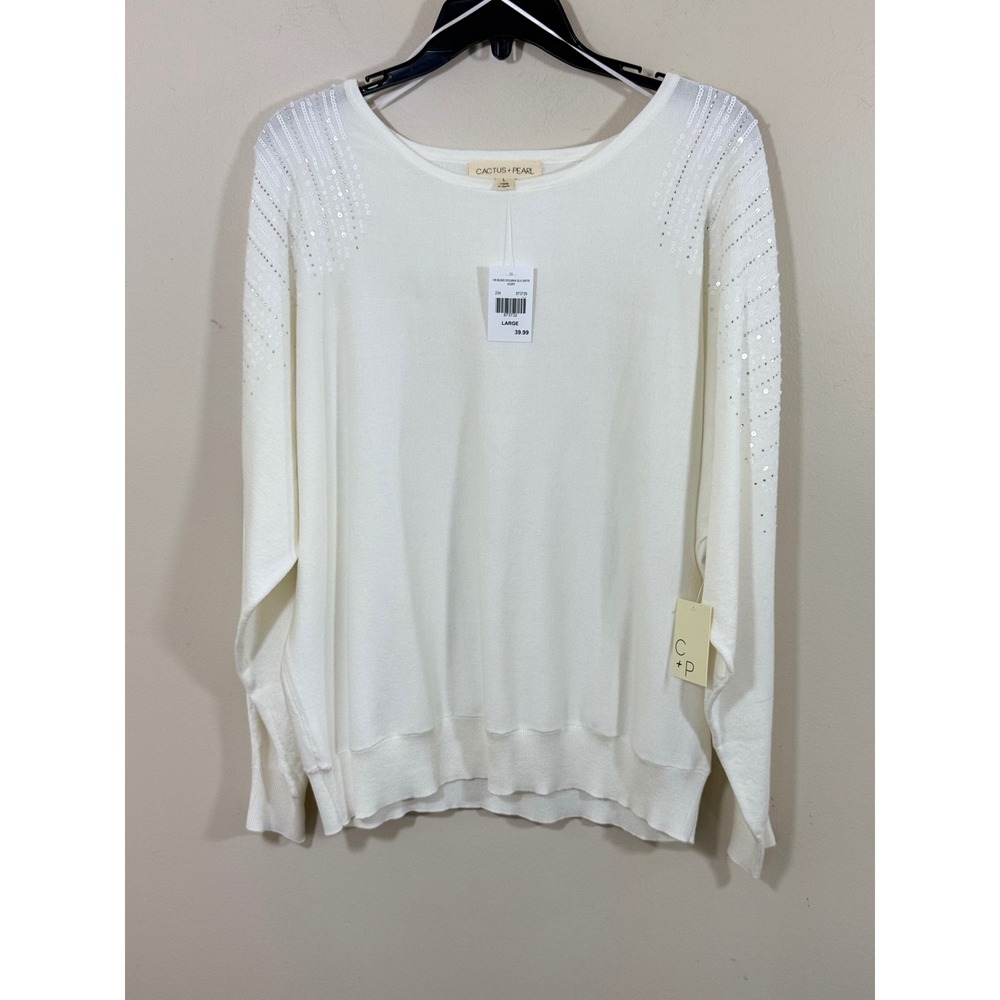 NWT Cactus + Pearl Sweater Women's L Ivory Sequin Dolman Boho